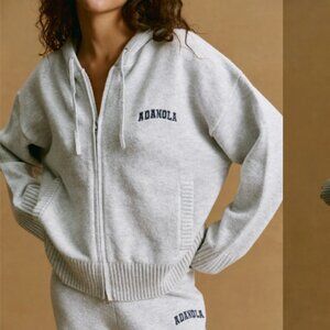 Adanola Varsity Knit Hooded Bomber Jacket - Light Grey Melange/Navy Blue (L)